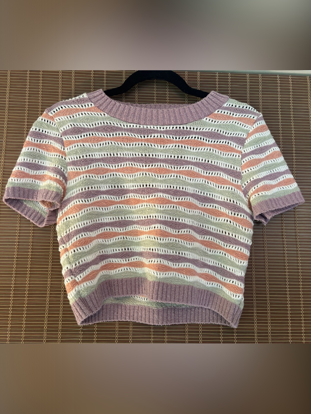 Altar’d State Striped Pastel Knit Cropped Stretchy Short Sleeve Sweater